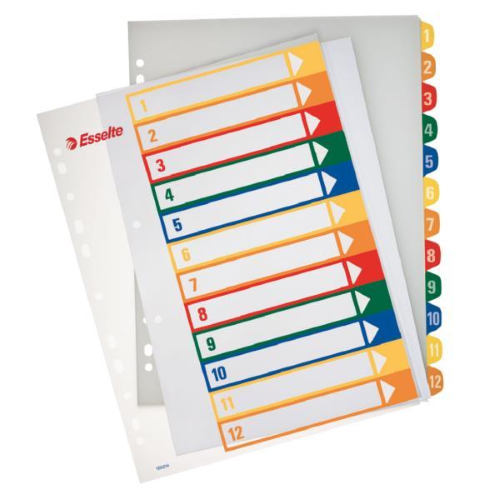 ESSELTE INTERCALARE RUBRICA EXTRA NUMERICA 1-12 IN PP 305X245 mm 12 TASTI COLORI ASSORTITI CONF 10 Pz.